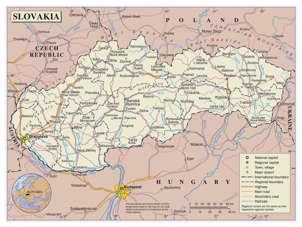 žemėlapis Slovakija oro uostai