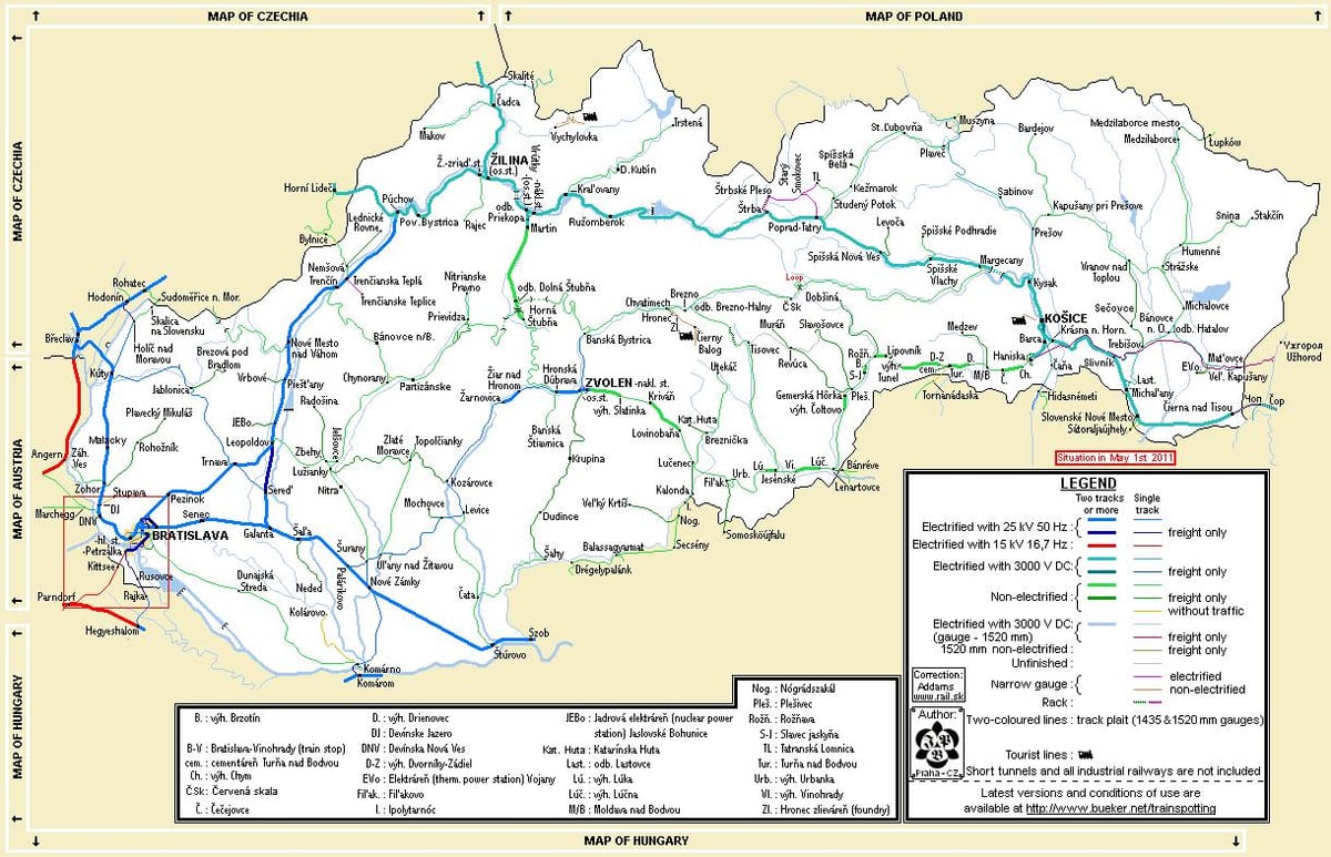 Slovakija traukinių žemėlapis
