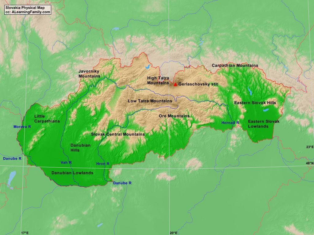 žemėlapis Slovakijos kalnai