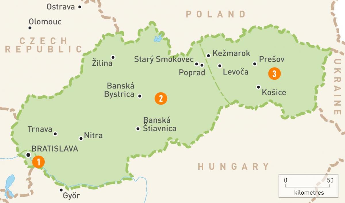 žemėlapis Slovakijos regionuose